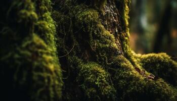 Green leaves adorn old tree trunk outdoors generated by AI photo