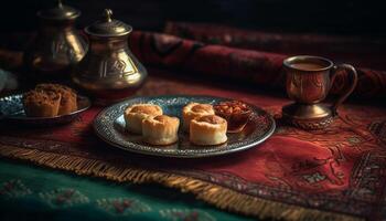 Homemade baklava, tea, and dim sum appetizer generated by AI photo