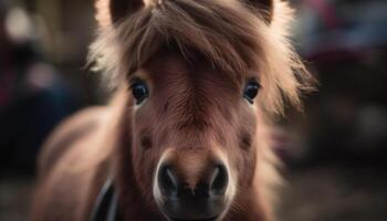 Cute foal grazing in meadow, looking at camera generated by AI photo