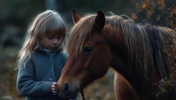 Cute girl smiling while stroking foal mane generated by AI photo