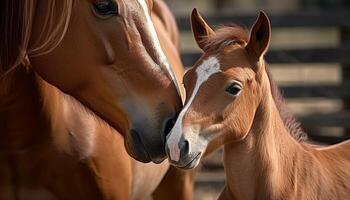 Thoroughbred mare and foal grazing in meadow generated by AI photo