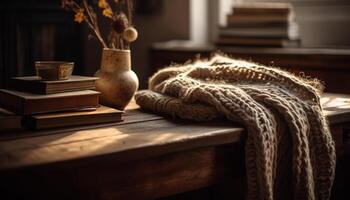 Cozy bookshelf, wood stack, wool pillow, autumn fashion generated by AI photo
