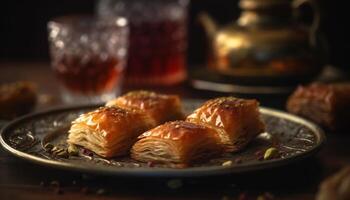 Sweet baklava dessert with honey and walnuts generated by AI photo