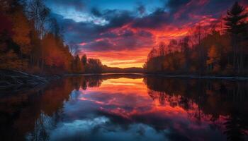 Majestic forest silhouettes against vibrant sunset sky generated by AI photo