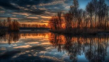Tranquil sunset reflection on water, nature beauty generated by AI photo