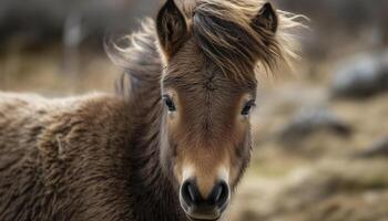 Cute horse grazing in rural meadow pasture generated by AI photo