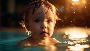 Cheerful toddler enjoys swimming in nature beauty generated by AI photo