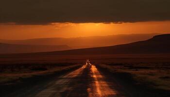 Sunset safari driving through Africa wilderness terrain generated by AI photo
