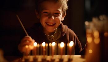 sonriente niño encendido vela, celebrando espiritualidad adentro generado por ai foto