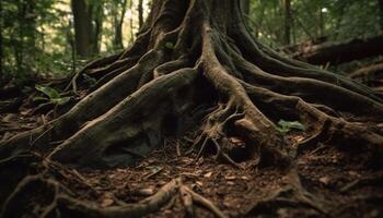Ancient tree trunk intertwined with nature strength generated by AI photo