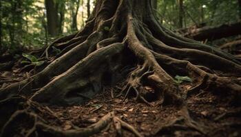 antiguo árbol maletero entrelazados con naturaleza fuerza generado por ai foto