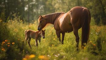 Mare and foal grazing in tranquil meadow generated by AI photo
