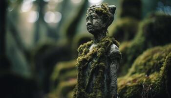 Green forest statue symbolizes spirituality and religion generated by AI photo