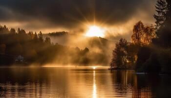 Tranquil sunset over mountain range reflects beauty generated by AI photo