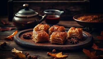 Homemade baklava on rustic wood plate generated by AI photo