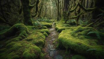 Tranquil scene of wet forest growth mystery generated by AI photo