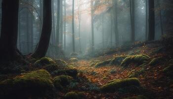 Mysterious autumn forest, tranquil scene, vibrant colors generated by AI photo