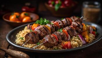 A la parrilla carne brocheta con Fresco vegetales y hierbas generado por ai foto