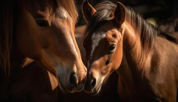 Thoroughbred horse and foal grazing in meadow generated by AI photo