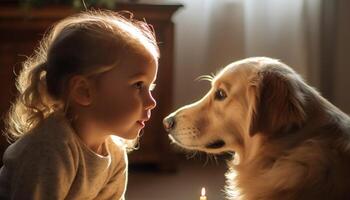 sonriente caucásico niña jugando con linda perrito generado por ai foto