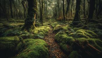 tranquilo sendero vientos mediante lozano verde bosque generado por ai foto