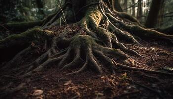 Ancient tree trunk intertwined with growth pattern generated by AI photo