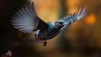 iridiscente colibrí encaramado en rama, alas untado generado por ai foto