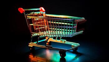 Metallic shopping cart carrying groceries in supermarket generated by AI photo