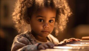 sonriente niño jugando piano, aprendizaje musical instrumento generado por ai foto