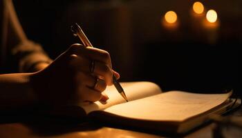 Young adult studying indoors, holding pen close up generated by AI photo