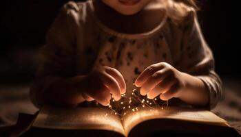 sereno niña estudiando religioso texto en oscuro biblioteca generado por ai foto