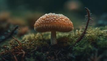 Fresh fly agaric mushroom growth in autumn forest generated by AI photo