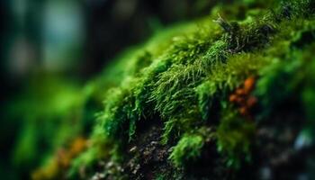 Fresco verde crecimiento en mojado bosque piso generado por ai foto