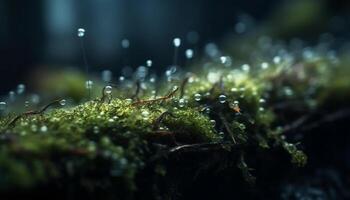 Fresh dew drops on green leaf macro generated by AI photo