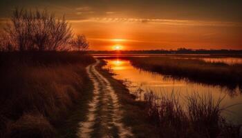 Golden sun sets over tranquil water reflection generated by AI photo