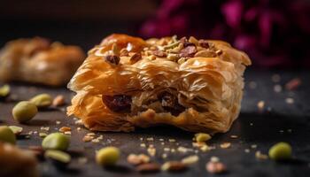 Homemade baklava, a sweet indulgence on wood generated by AI photo