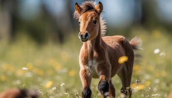 Cute foal grazing in green meadow pasture generated by AI photo