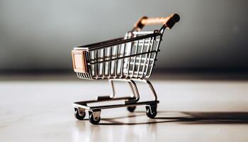 Empty shopping cart in modern retail store generated by AI photo