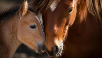 Two horses grazing in meadow at sunset generated by AI photo