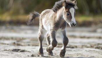 Young horse running in beautiful rural meadow generated by AI photo