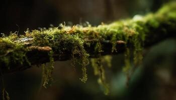 Fresh green leaf on wet branch in forest generated by AI photo