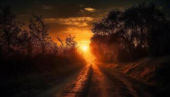 Silhouette of tree against orange sunset sky generated by AI photo