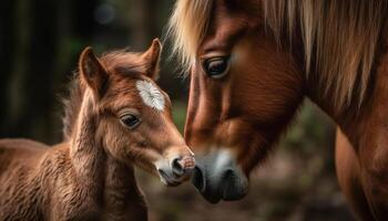 Stallion and mare grazing in green meadow generated by AI photo