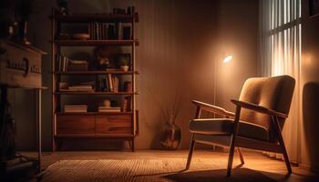 Comfortable armchair illuminated by modern electric lamp generated by AI photo