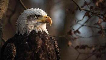 Majestic bird perching on branch, looking tranquil generated by AI photo