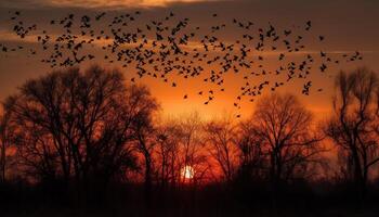 Silhouette of flying birds in vibrant sunset generated by AI photo