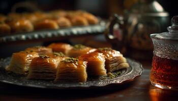 Baklava, a sweet Turkish dessert on plate generated by AI photo