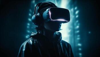 Young adult immersed in futuristic virtual reality generated by AI photo