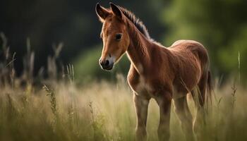 Young mare grazing in tranquil meadow generated by AI photo