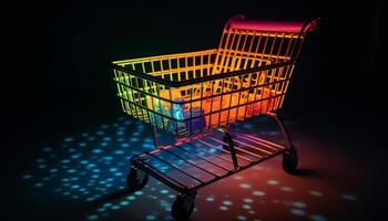 Empty shopping cart carrying steel gift container generated by AI photo